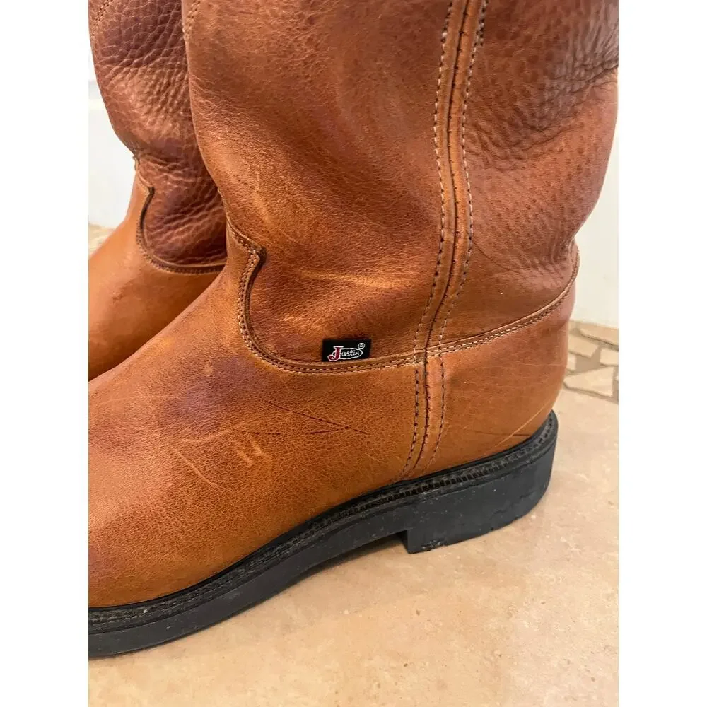 Justin 4766 Pull On Rounded Steel Toe Work Boots Men 14D Western Blue Collar